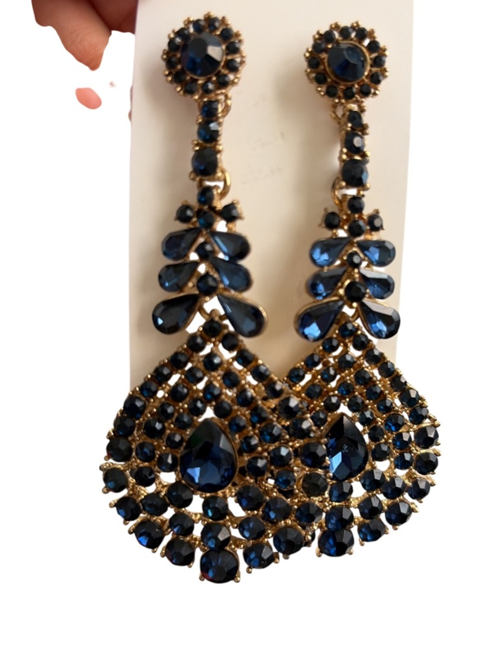 Gold and Navy Blue Teardrop Crystal Drop Earrings - Women Jewelry - Picture 1 of 2